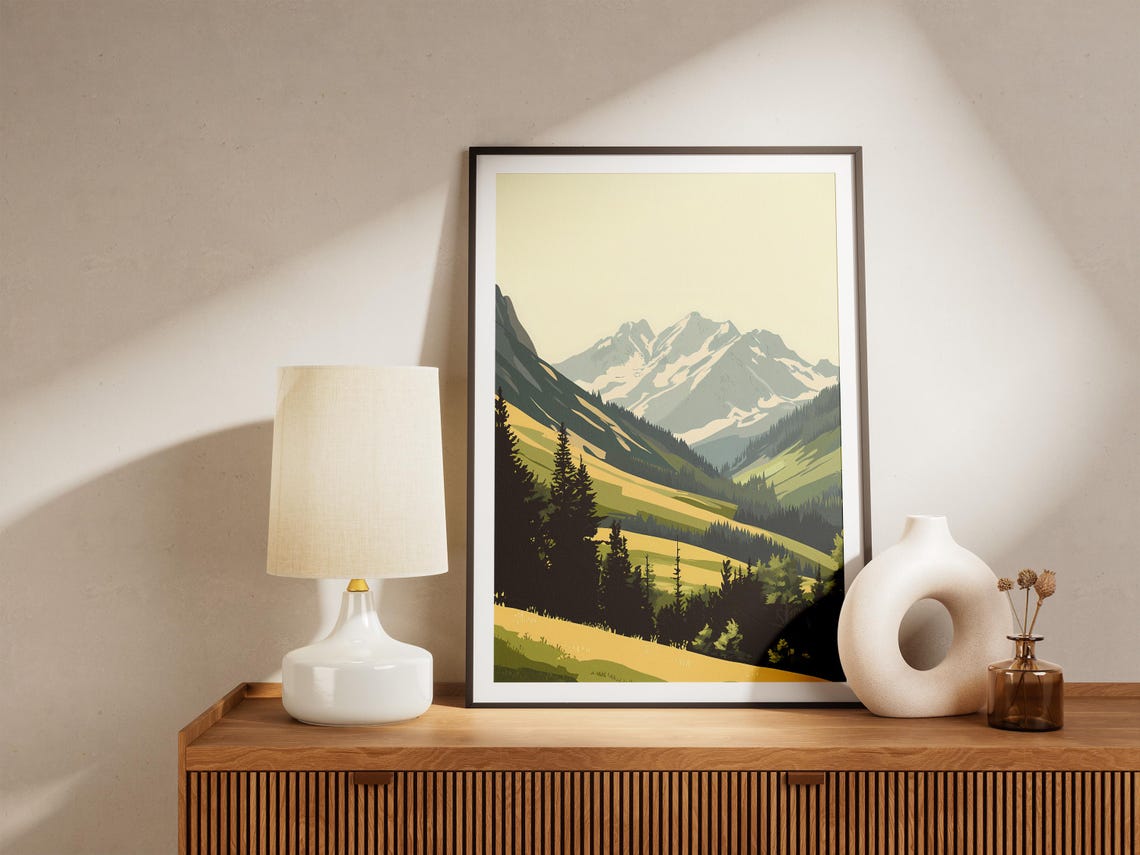 Snowcapped Ridge Green Valley Pine Forest Hazy Mountain Poster - Image 5
