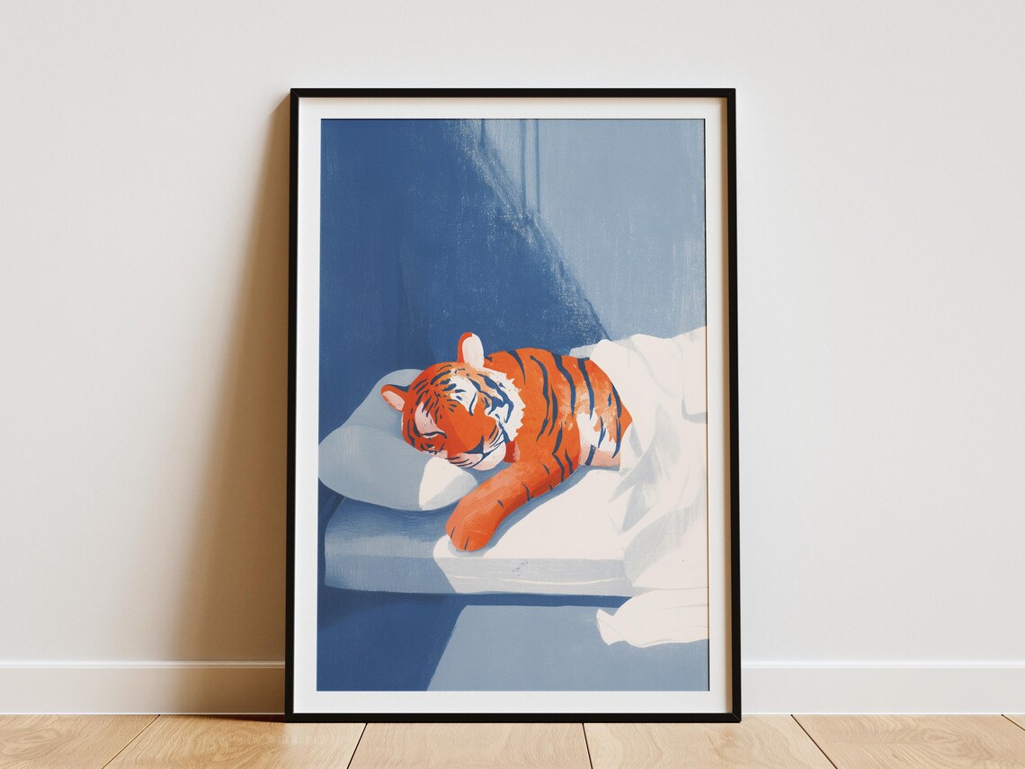 Sleeping Tiger Cub on White Bed Blue Duvet Matisse Style Poster