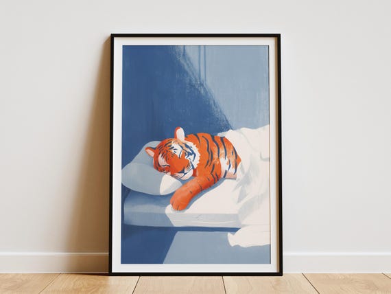 Matisse Style Sleeping Tiger Print Gouache Painting Animal Wall Art Cozy Bedroom Nursery Decor Feline Poster Unique