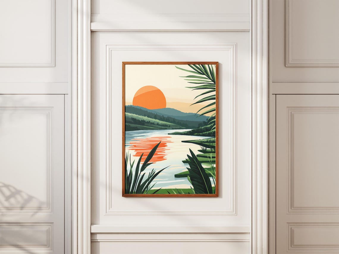 Orange Sun Over Tropical River Modern Botanical Sunset Poster - Image 2