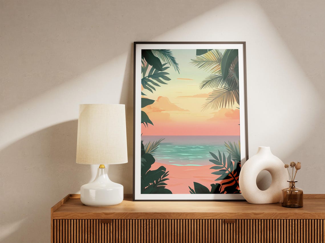 Tropical Beach Sunset Framed By Green Palm Leaves In Pink Poster - Image 5