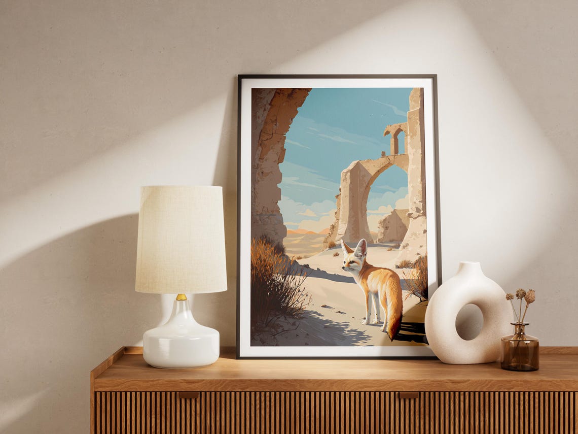 Fennec Fox Desert Ruins Ancient Stone Arches Warm Travel Poster - Image 4