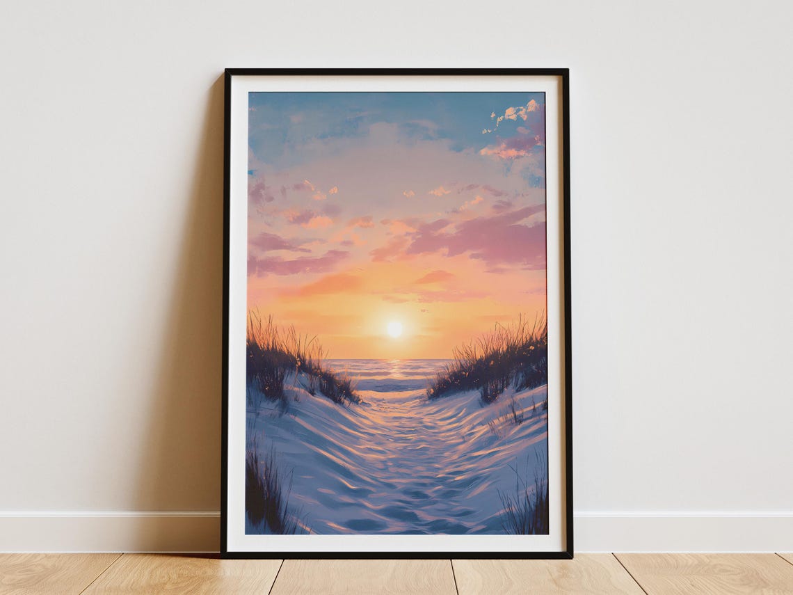 Sandy Dune Path Winding Between Grasses to an Ocean Sunset Poster