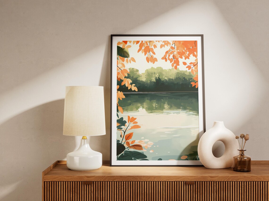 Autumn Lake Framed by Orange Foliage Botanical Nature Art Poster - Image 5