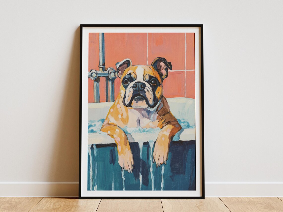 Wrinkly Bulldog Lounging in a Foamy Bathtub by Coral Tiles Poster