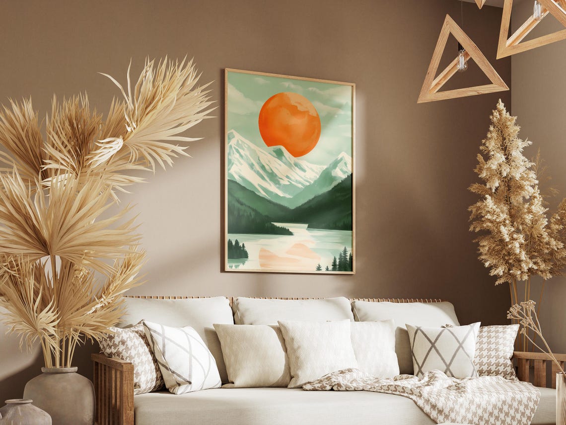 Huge Orange Sun Above a Green Snowy Mountain Lake Scene Poster - Image 3