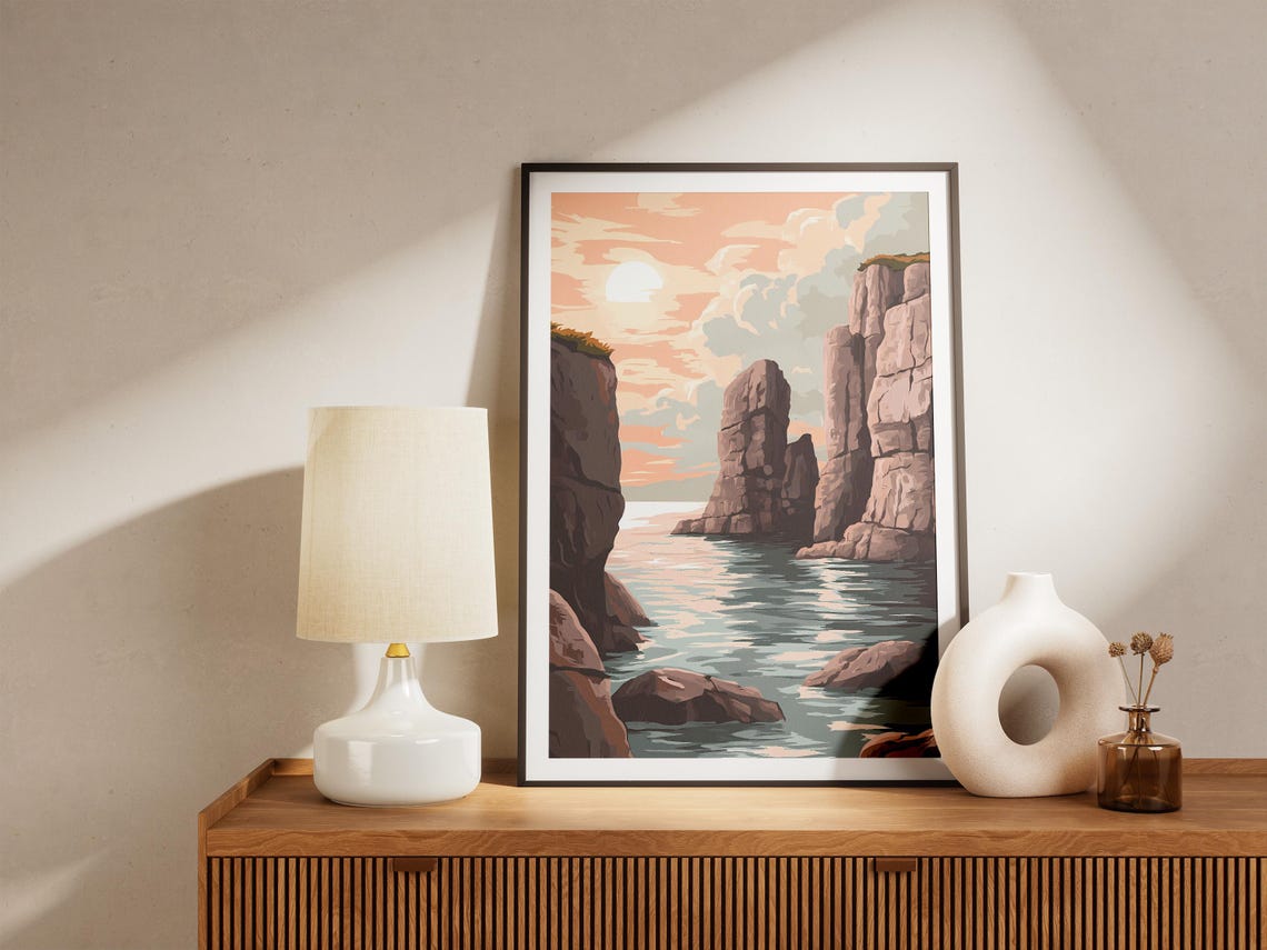 Rose-Colored Cliffs Around a Quiet Sunset Cove Seascape Poster - Image 5