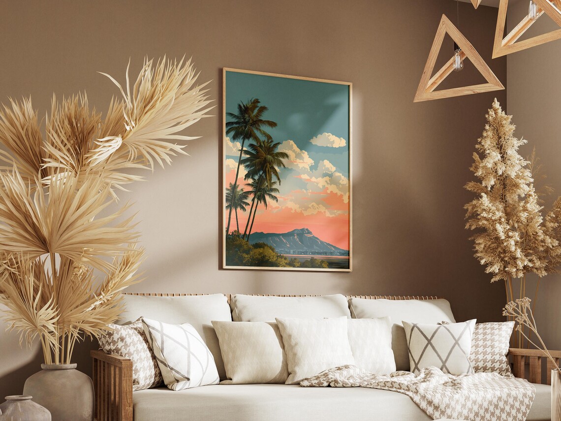 Diamond Head Crater Palm Trees Sunset Hawaii Vintage Travel Poster - Image 3