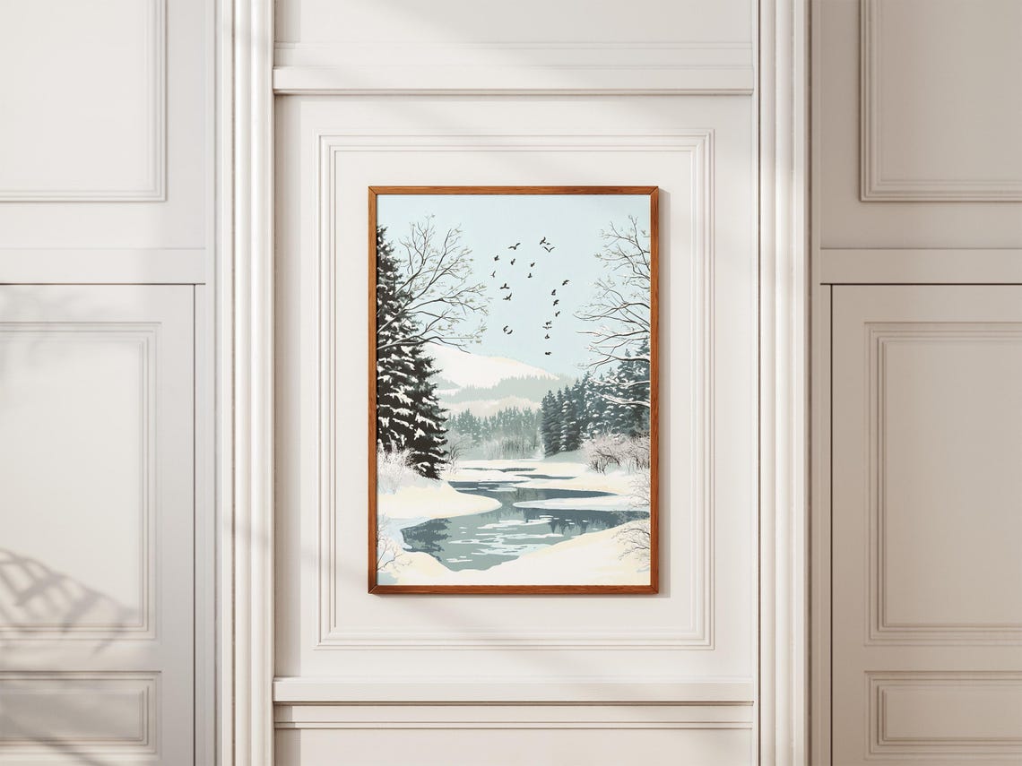 Snowy Forest River With Flying Birds Minimalist Winter Poster - Image 2