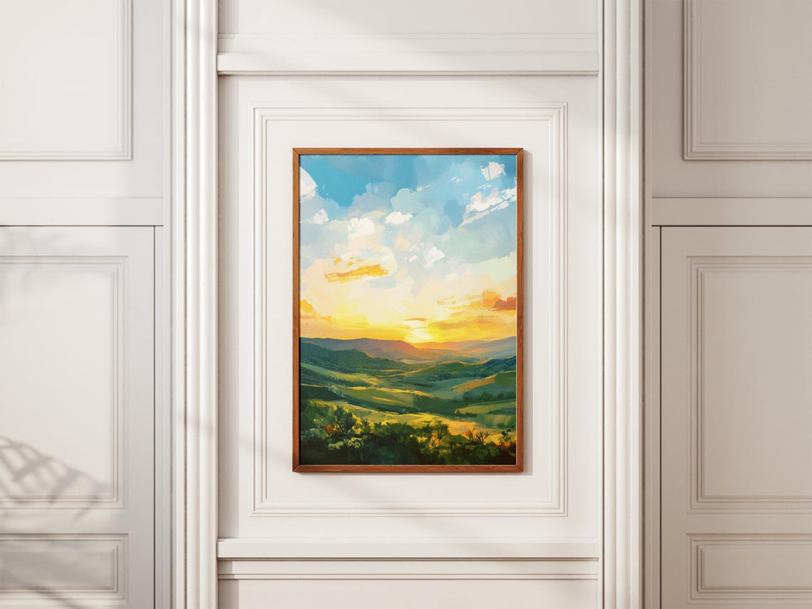 Golden Sunset Light Over Green Rolling Valleys Scenic Poster - Image 2
