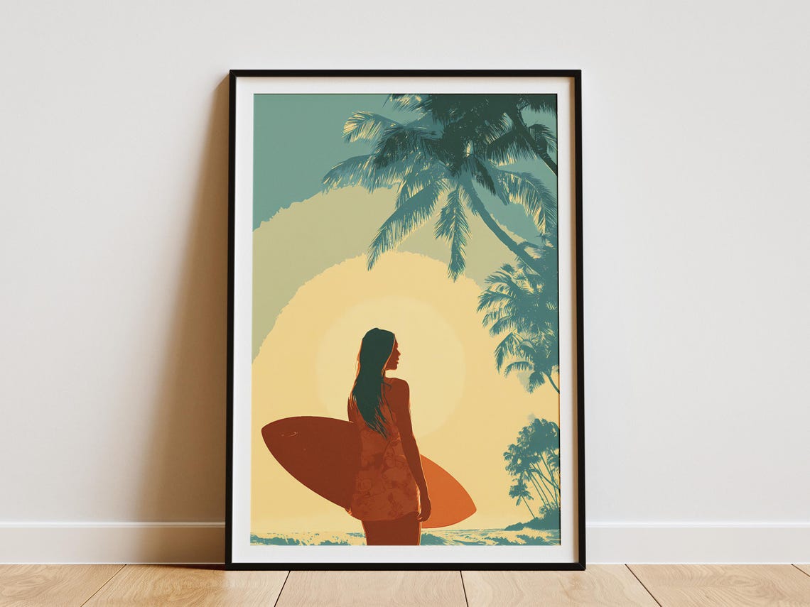 Tropical Surfer Girl Sunset Palm Trees Surfboard Retro Beach Poster