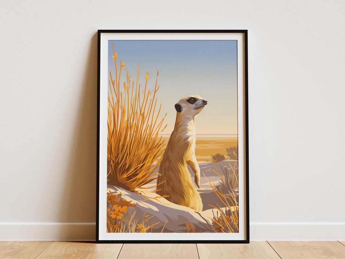 Majestic Meerkat Desert Lookout Print African Wildlife Art Poster Safari Animal Wall Decor Nature Travel Inspired Home Burrow Alert
