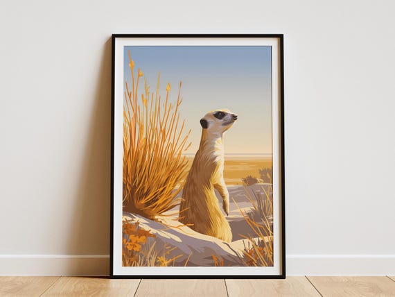 Majestic Meerkat Desert Lookout Print African Wildlife Art Poster Safari Animal Wall Decor Nature Travel Inspired Home Burrow Alert