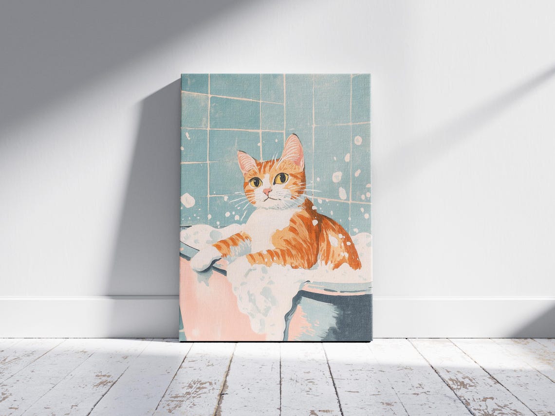 Orange Tabby Cat In Bubble Bath Poster Cute Pet Art For Bathroom Decor - Image 2
