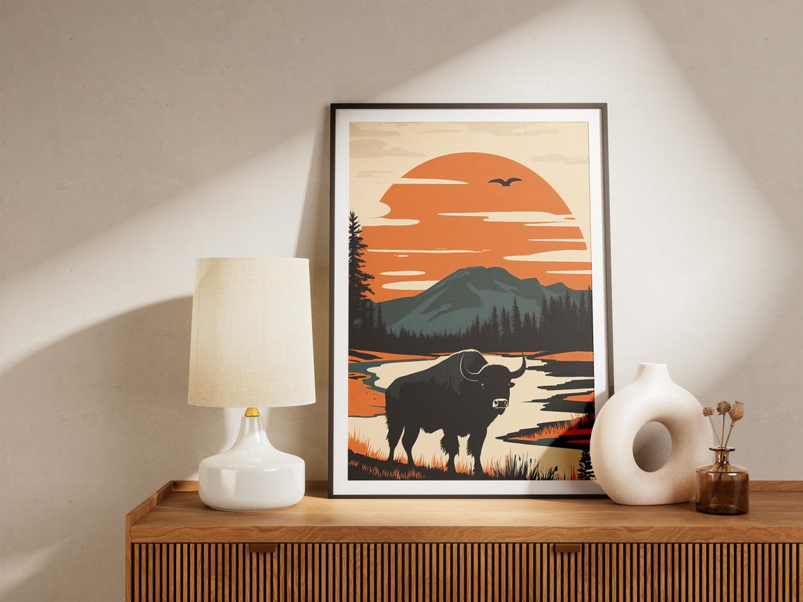 Bison Silhouette By A River At Sunset Vintage Style Travel Poster - Image 5