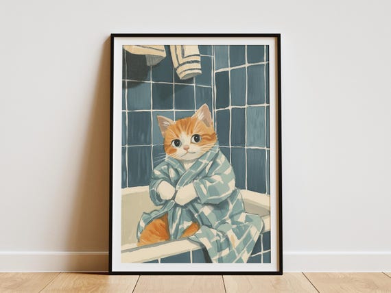 Shorthair Kitten Art Print Bathroom Wall Decor Cute Animal Illustration Funny Cat Poster Baby Pet Lover Gift Whimsical