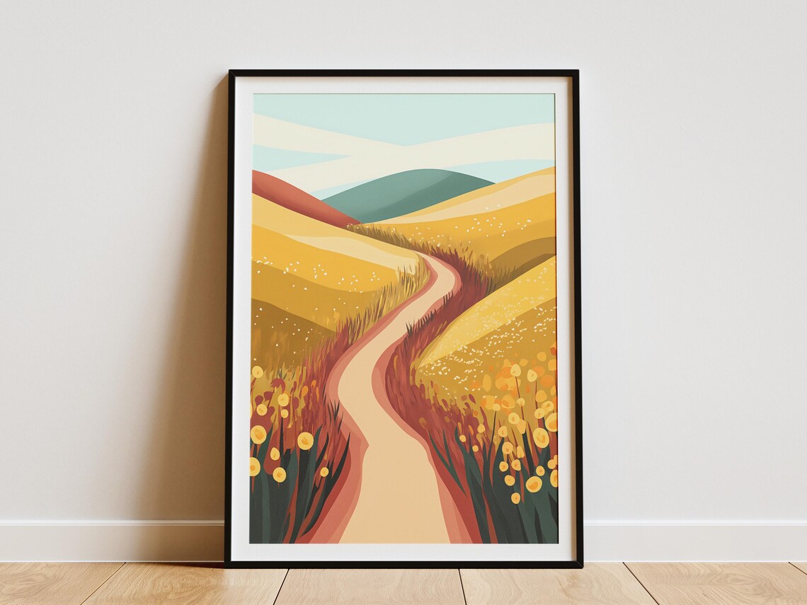 Golden Wildflower Field Winding Path Minimalist Meadow Poster
