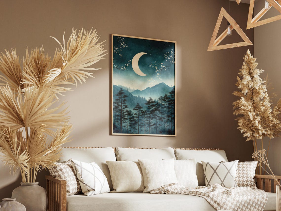 Pine Forest Under Crescent Moon Misty Mountains Asian Night Art Poster - Image 3