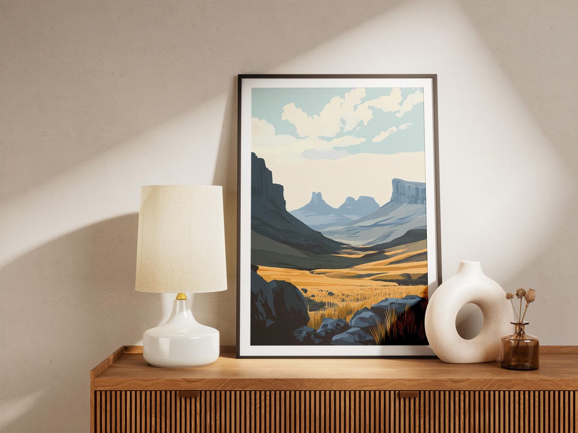 Drakensberg Mountains Golden Valley Flat Illustration Travel Poster - Image 5