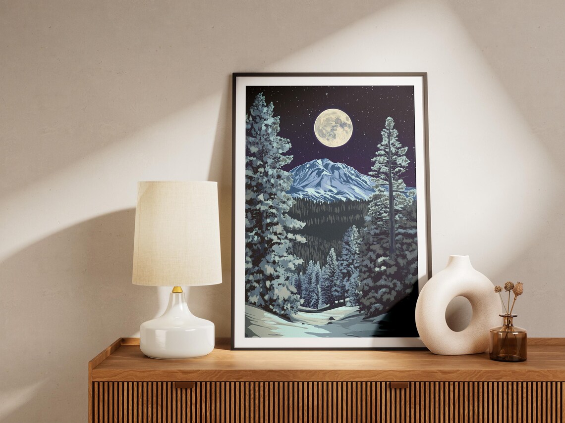 Lassen Volcanic National Park Snowy Volcano Peak Moonlit Night Art Poster - Image 4