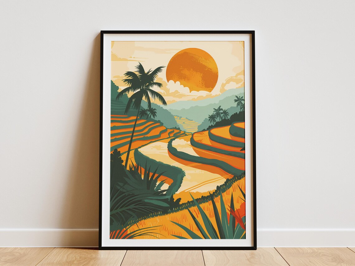 Bali Rice Terraces Indonesia Sunset Palm Golden Harvest Travel Poster
