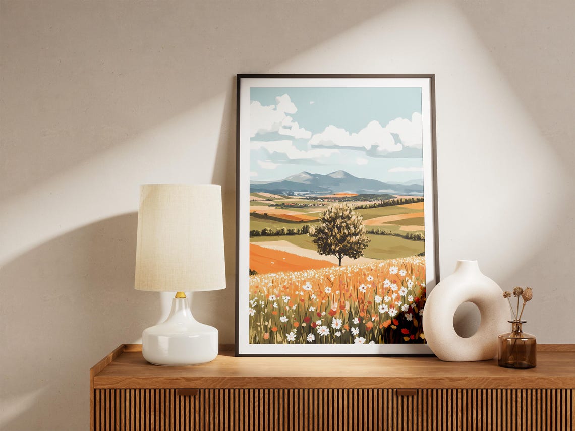 Wildflower Meadow with Tree and Distant Mountains Nature Poster - Image 5