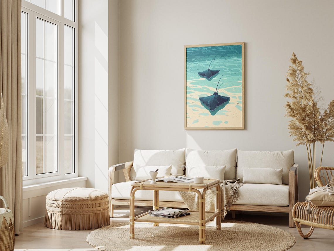 Two Stingrays Gliding Over Shallow Turquoise Water Ocean Poster - Image 4