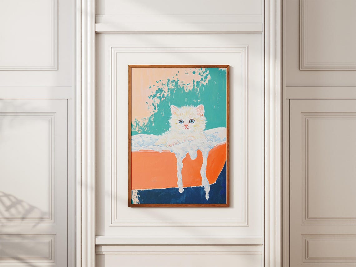 Fluffy White Kitten Bubble Bath Pop Art Cute Bathroom Decor Poster - Image 2