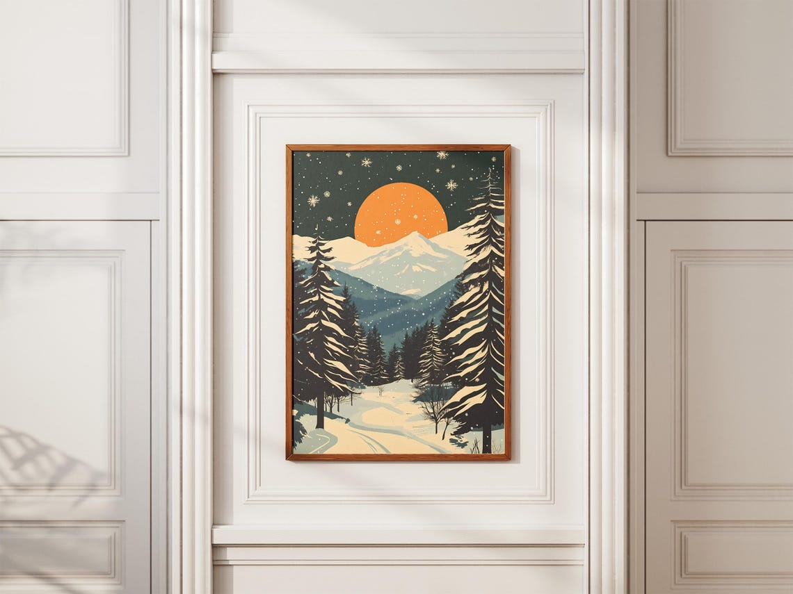 Snowy Pine Forest Under an Orange Moon in Falling Snow Poster - Image 2