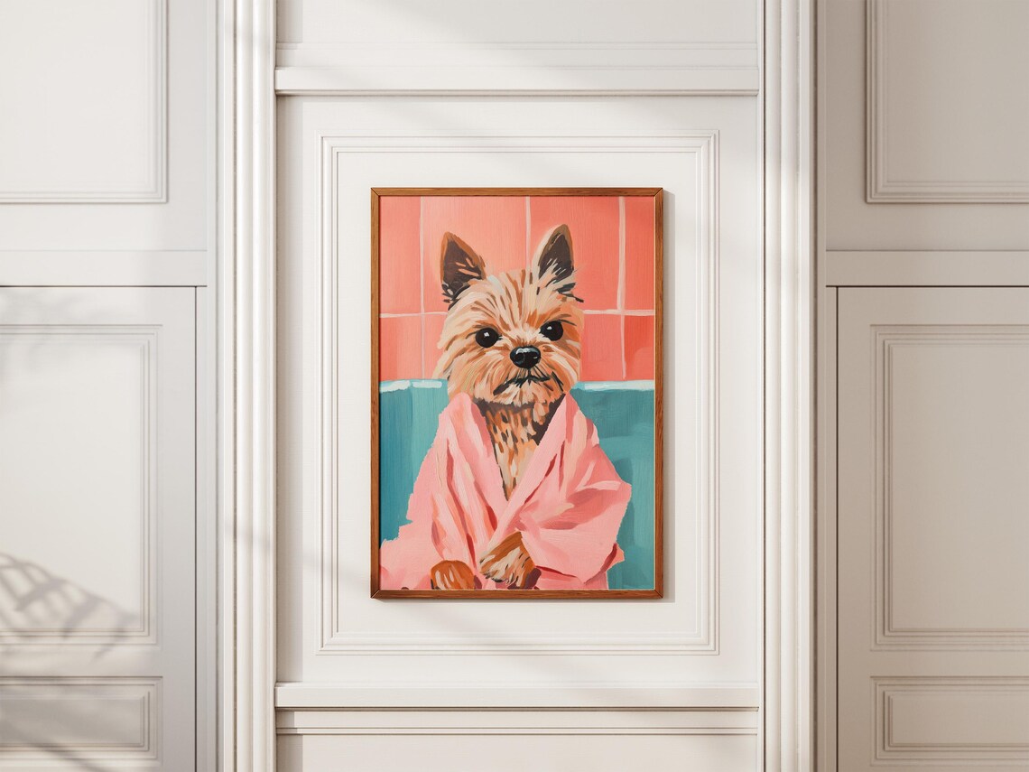 Yorkshire Terrier Puppy in Pink Bathrobe Cute Dog Art Poster - Image 2