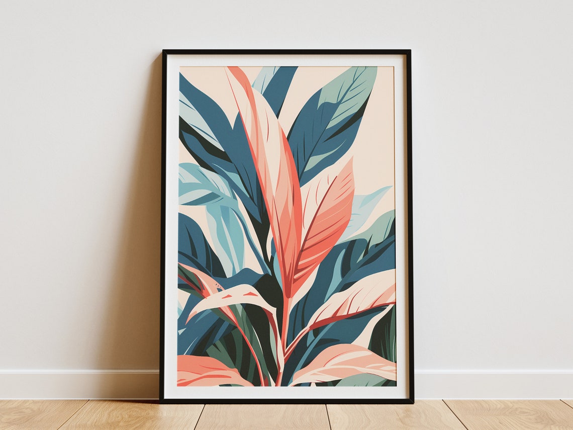 Bold Coral and Teal Tropical Leaves Abstract Botanical Poster