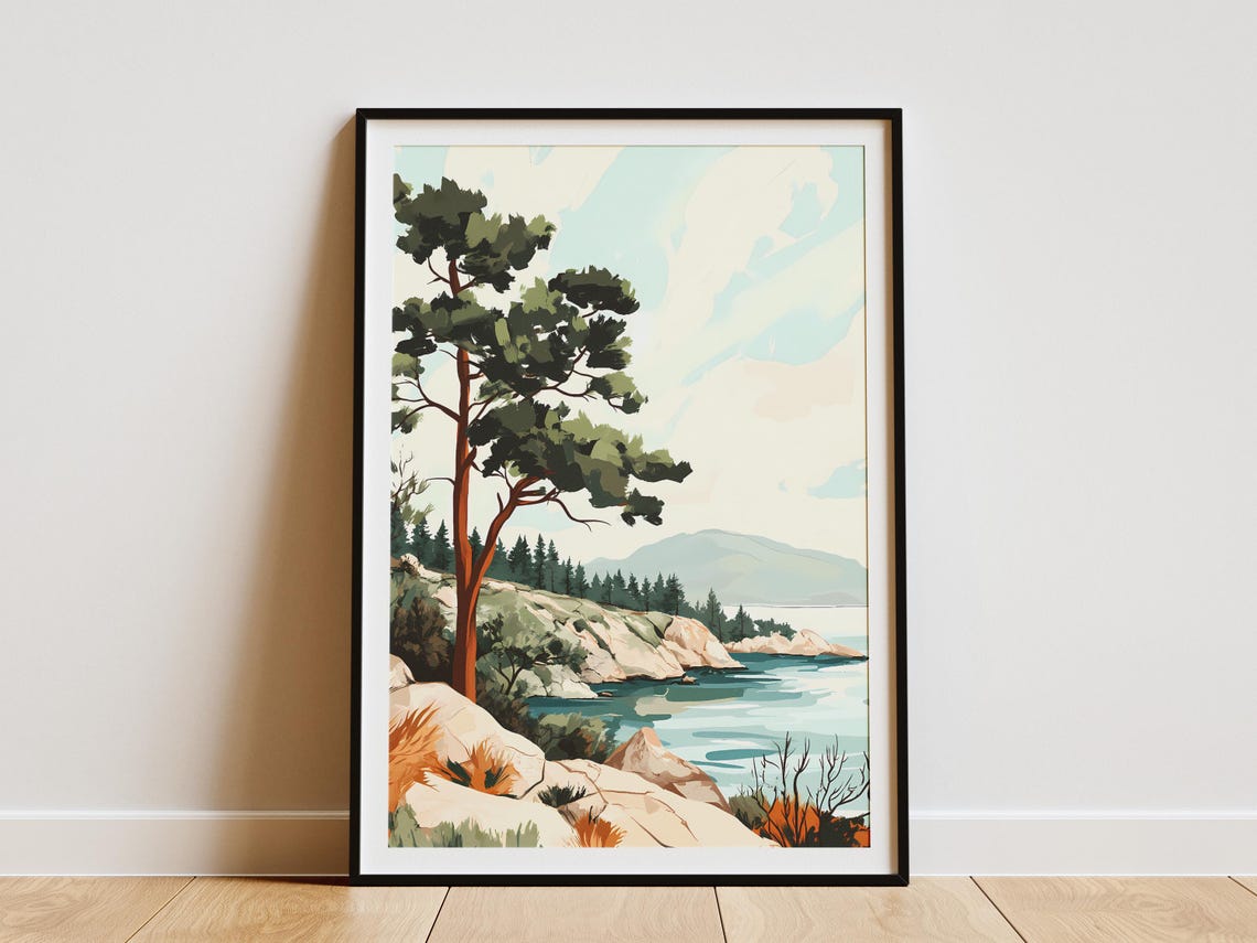 Tall Pine Tree Rocky Coast Calm Blue Water Mountain View Art Poster