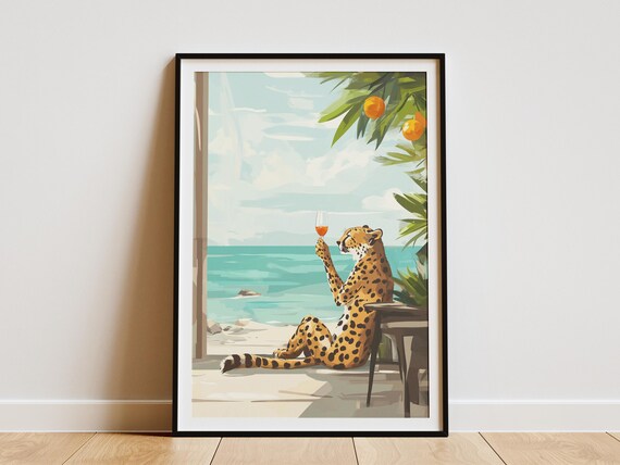 Cheetah Sipping a Cocktail on a Terrace Overlooking the Sea Poster
