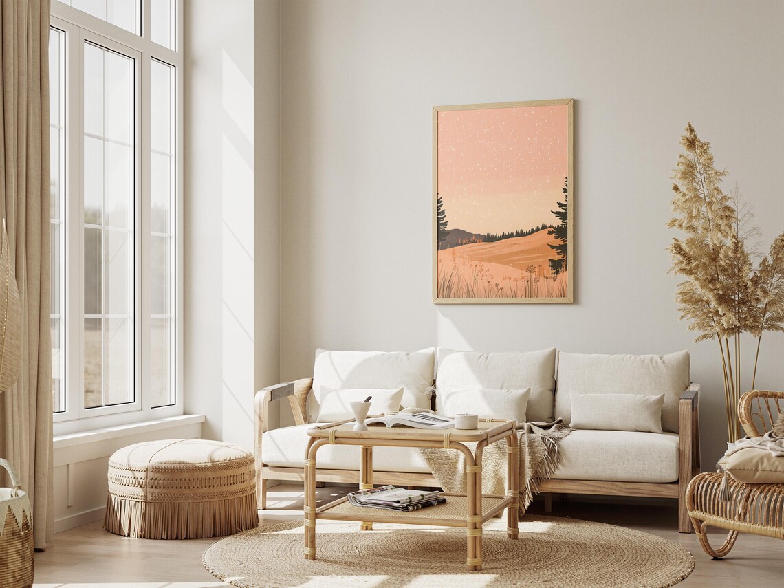 Golden Meadow Peach Starry Sky Wildflower Field Dusk Light Poster - Image 4