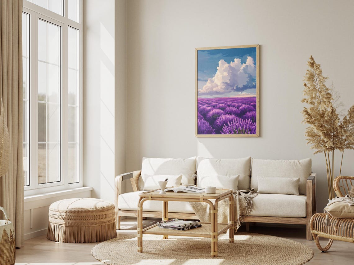 Purple Lavender Field Stretching Under Cloudy Sky Floral Poster - Image 3