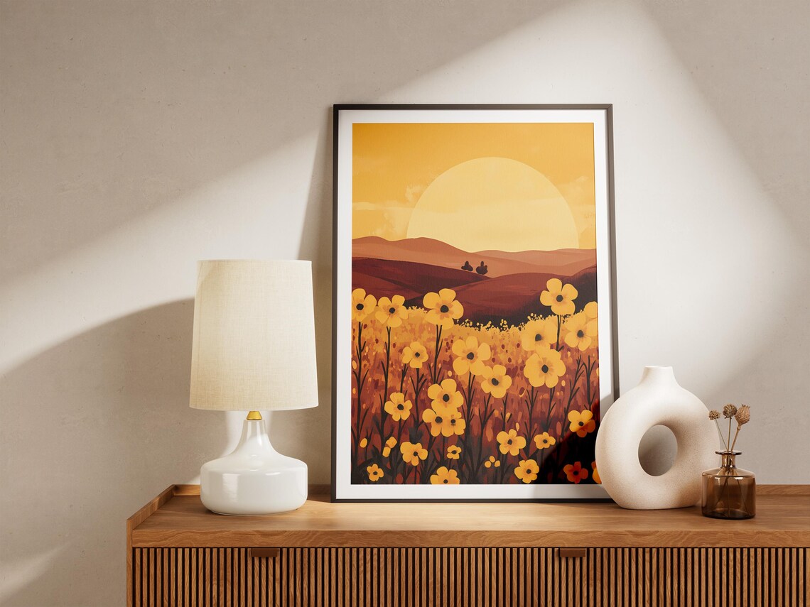 Yellow Mustard Flower Field at Sunset Poster With Big Sun Hills - Image 5