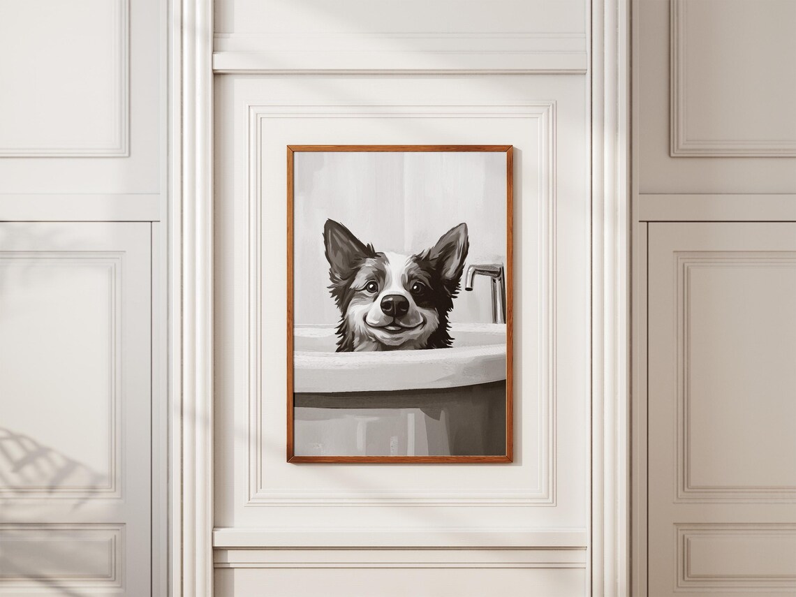 Cheerful Happy Smiling Dog in Bathtub Minimalist Bathroom Poster - Image 2