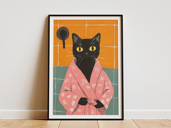 Black Cat in Pink Bathrobe Under Shower Funny Cat Art Poster
