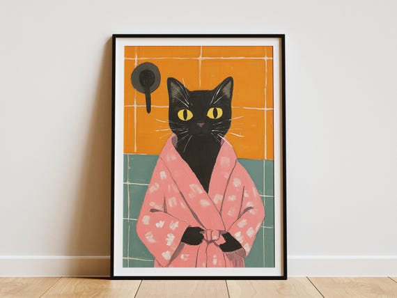 Burmese Cat Art Print In Bathrobe Poster Bathroom Wall Matisse Inspired Funny Pet Portrait Animal Illustration