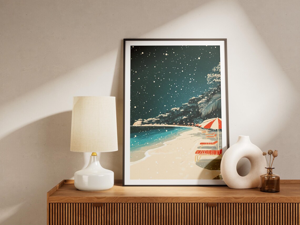 Snowy Beach At Night Starry Sky Red Umbrella Chairs Winter Poster - Image 5