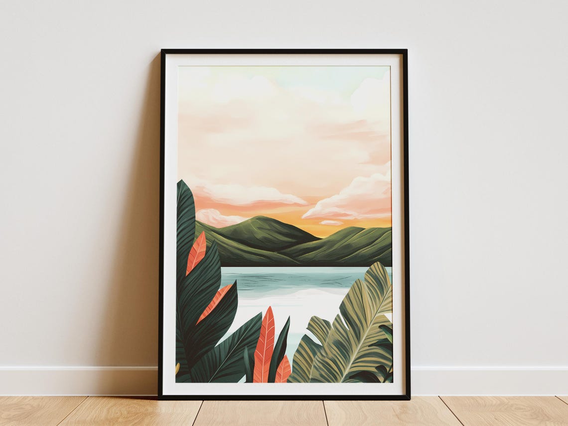 Tropical Lake House Sunset Palm Leaves Boho Nature Art Poster