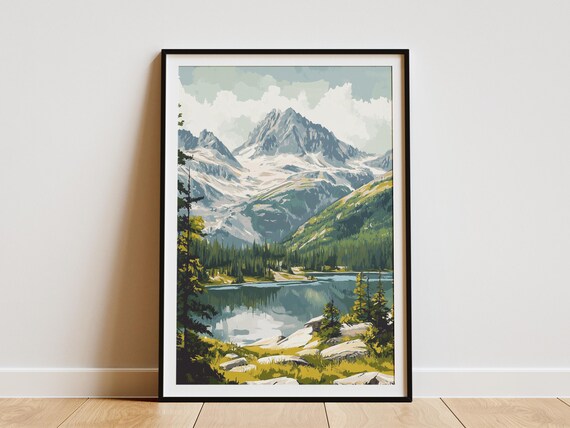 Serene Alpine Lake Snowy Peak Pine Forest Mountain Landscape Poster