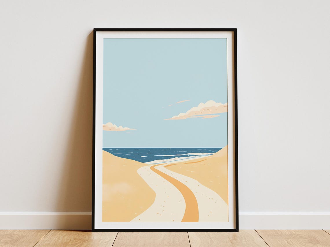 Sandy Path to the Sea Minimalist Beach Poster in Peach and Blue