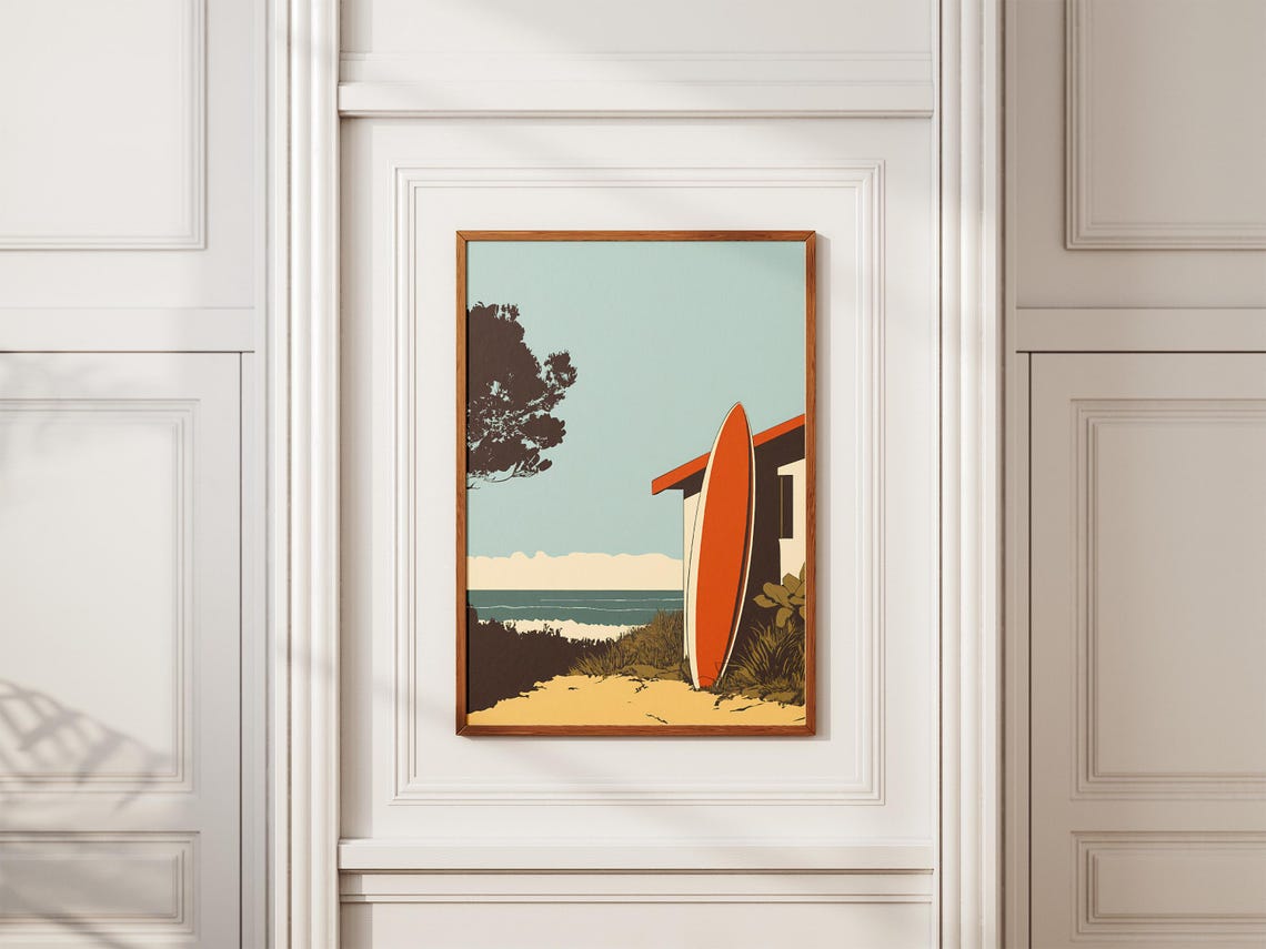 Beach Shack Surfboard Minimalist Poster Print Orange And Beige Coastal Wall Art Summer Vacation Home Decor Ocean View Artwork - Image 2