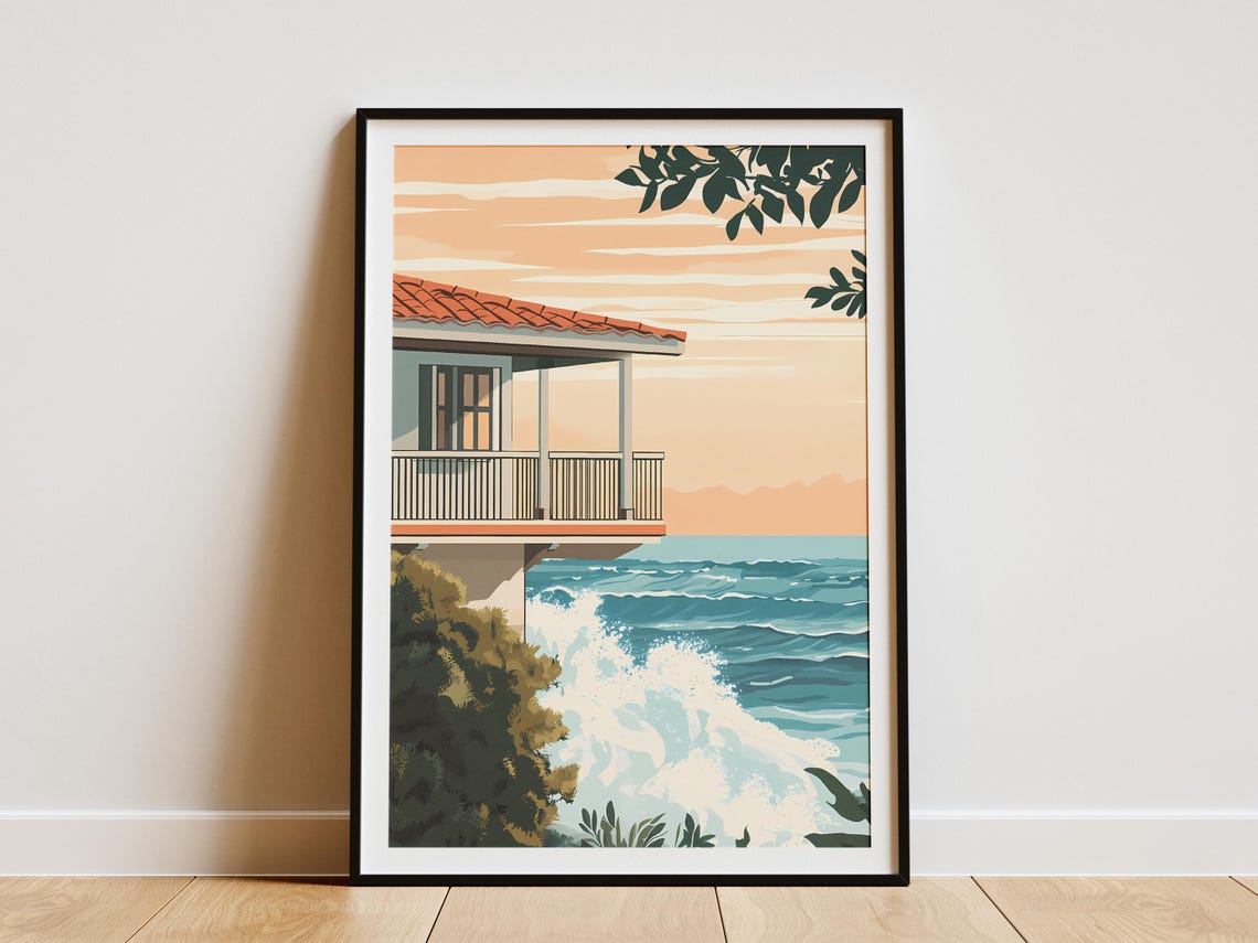 Oceanfront Villa with Balcony Sunset Waves Mediterranean Wall Art