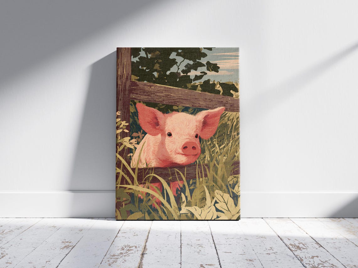 Adorable Piglet Farmhouse Art Print Rustic Wooden Fence Animal Illustration Poster Cute Baby Pig Rural Wall Decor For Nursery Or Country - Image 2