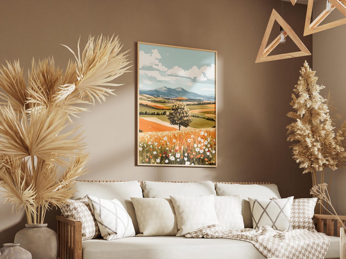 Wildflower Meadow with Tree and Distant Mountains Nature Poster - Image 3