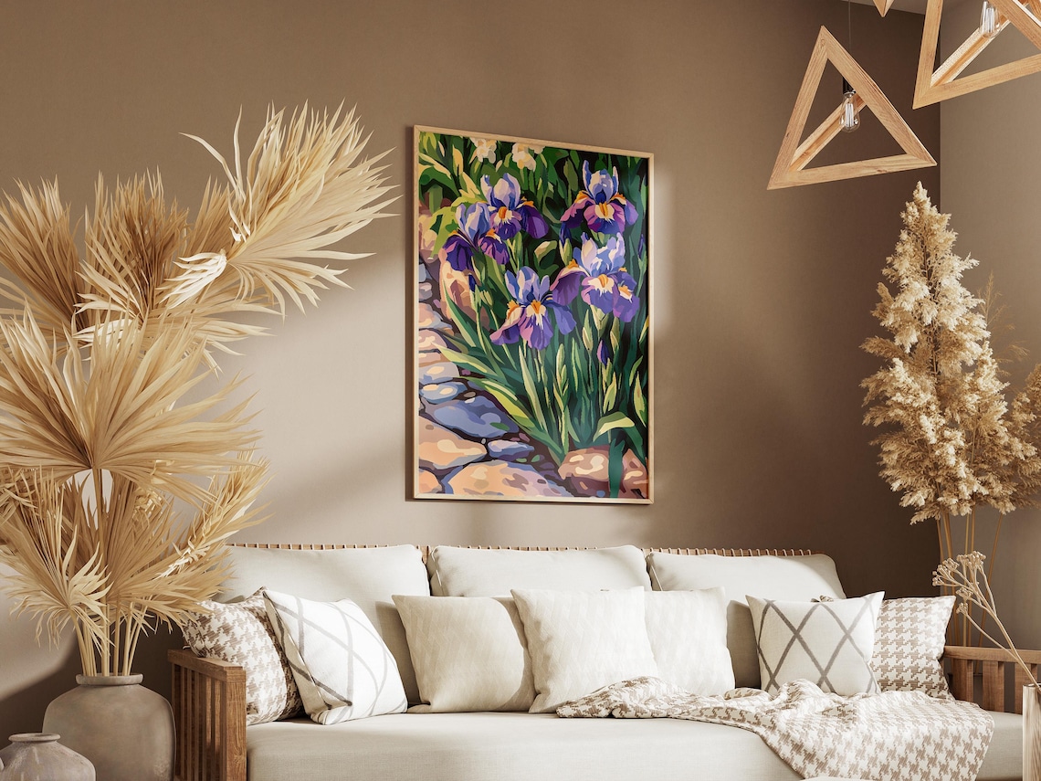 Purple Irises Beside Sunlit Stone Garden Path Colorful Floral Poster - Image 3
