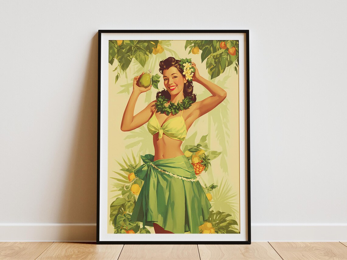 Vintage Hawaiian Pinup Hula Girl With Lime Citrus Retro Art Poster
