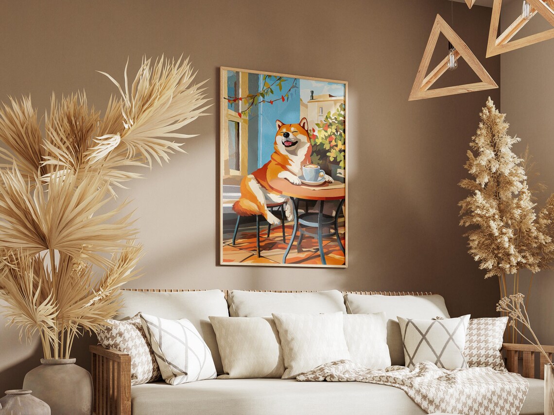 Smiling Shiba Inu Dog With Cappuccino Outdoor Cafe Art Poster - Image 3